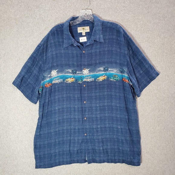 Island Shores Men Button Up Shirt XL Blue Hawaiian Classic Cars Rayon - Picture 1 of 8